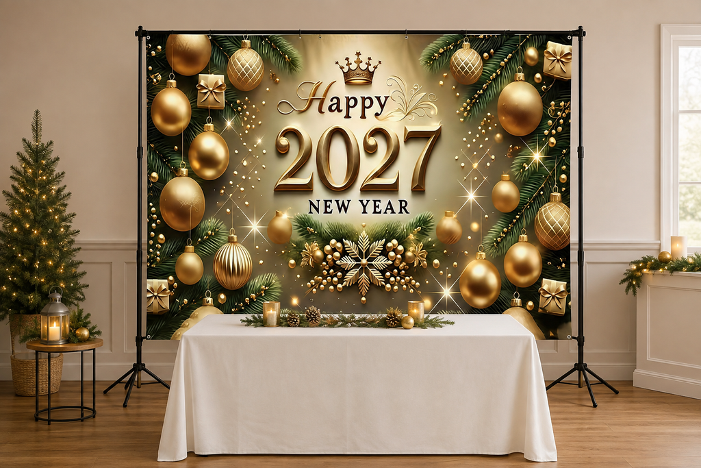 Gold Happy 2027 New Year Backdrop in event studio