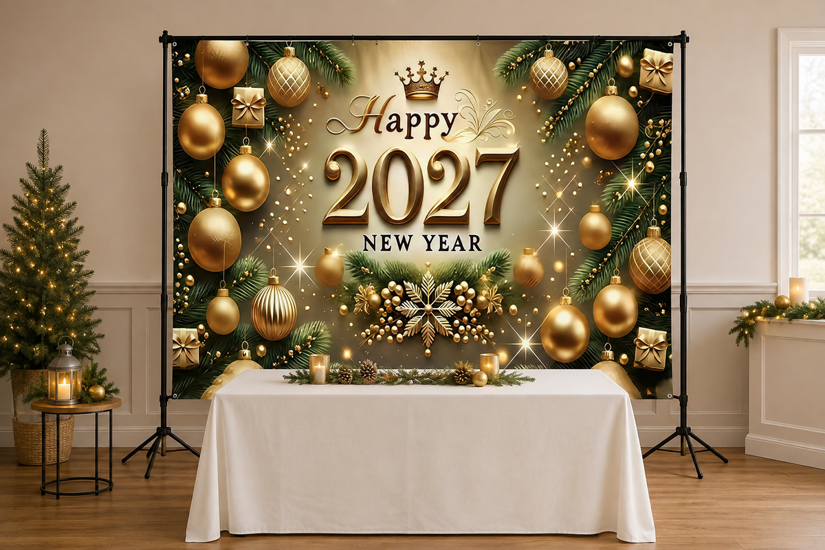 Gold Happy 2027 New Year Backdrop in event studio