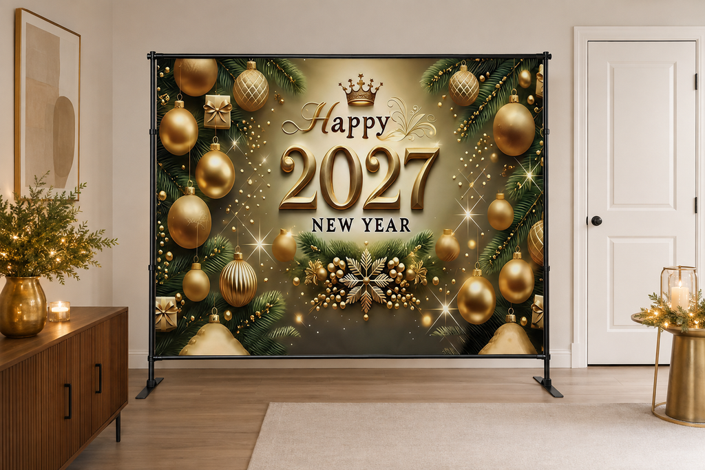 Gold Happy 2027 New Year Backdrop in alternate room setting