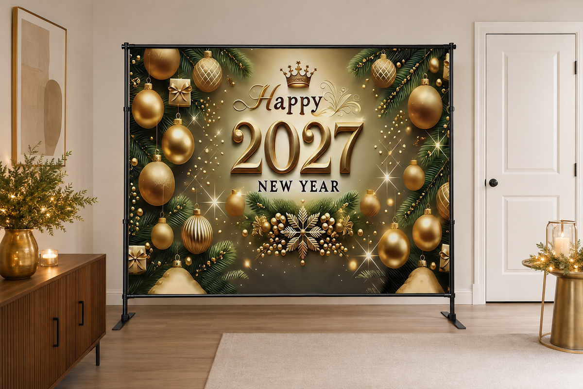 Gold Happy 2027 New Year Backdrop in alternate room setting