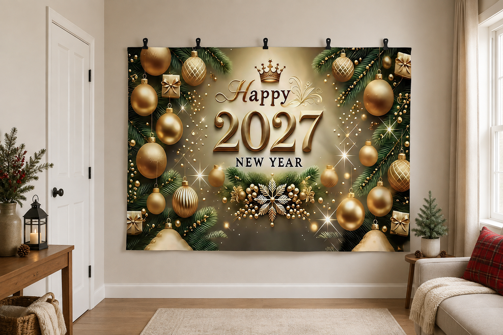 Gold Happy 2027 New Year Backdrop clipped directly to wall
