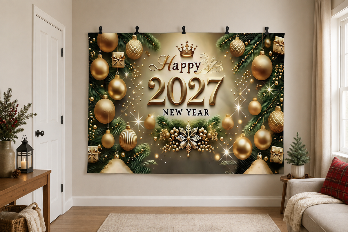 Gold Happy 2027 New Year Backdrop clipped directly to wall