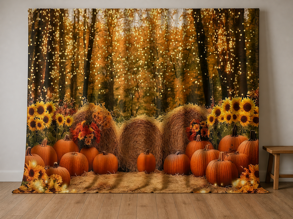 Autumn harvest pumpkins hay bales photography backdrop in family studio