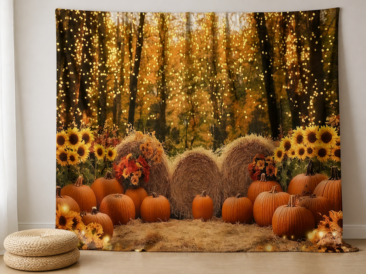 Fall pumpkin sunflower fabric backdrop for Thanksgiving portraits