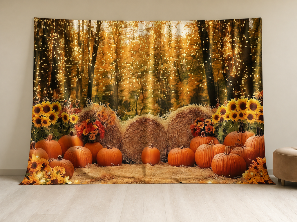 Harvest forest pumpkins photography backdrop in autumn portrait room