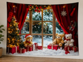 Christmas Teddy Bear Window Backdrop displayed on a lightweight polyester backdrop