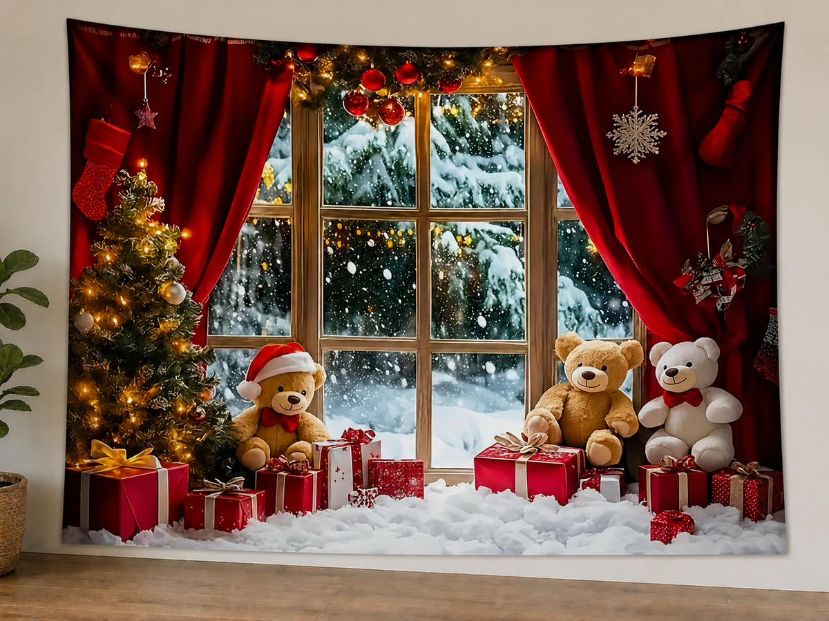 Christmas Teddy Bear Window Backdrop displayed on a lightweight polyester backdrop
