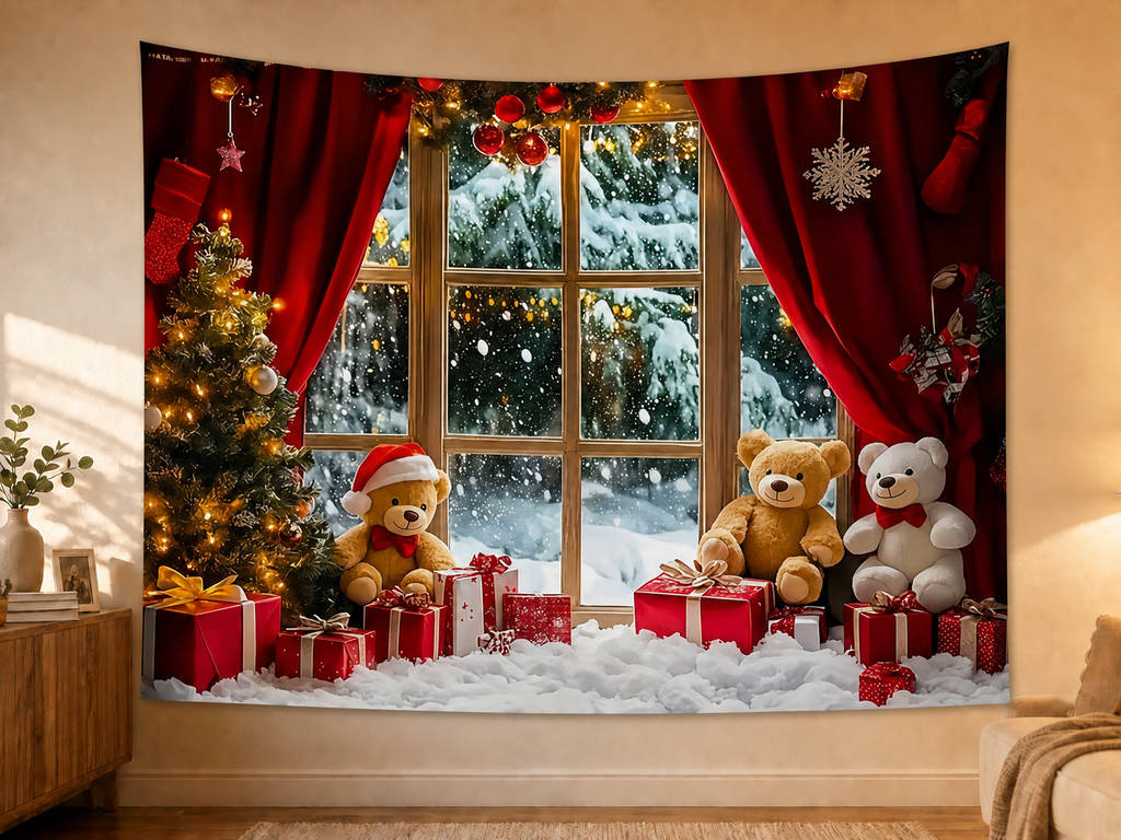 Christmas Teddy Bear Window Backdrop in a realistic home wall setting