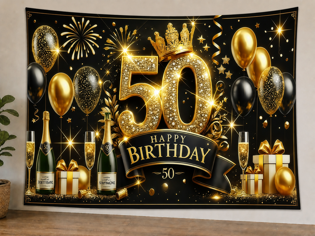 Black and Gold 50th Birthday Backdrop styled scene 1