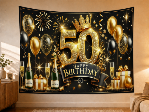 Black and Gold 50th Birthday Backdrop styled scene 2