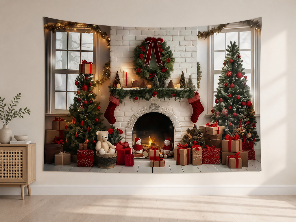 Red White Christmas Fireplace Backdrop indoor application scene