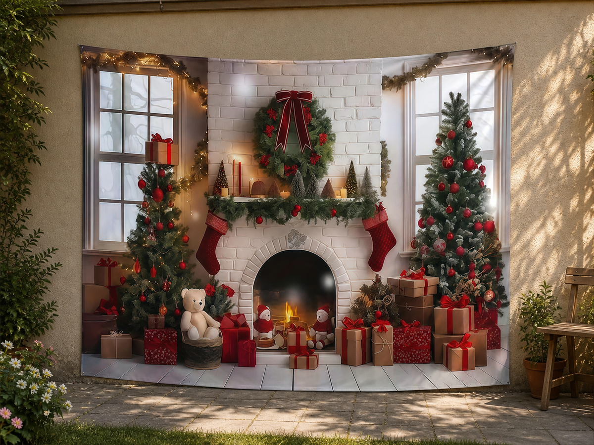 Red White Christmas Fireplace Backdrop garden application scene