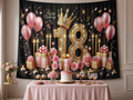Pink gold 18th birthday crown polyester backdrop with dessert table