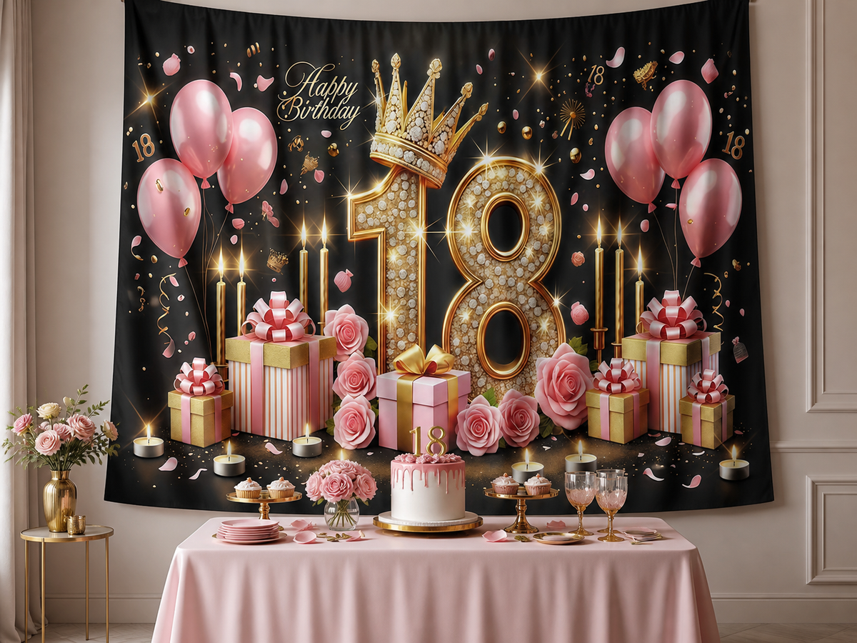 Pink gold 18th birthday crown polyester backdrop with dessert table