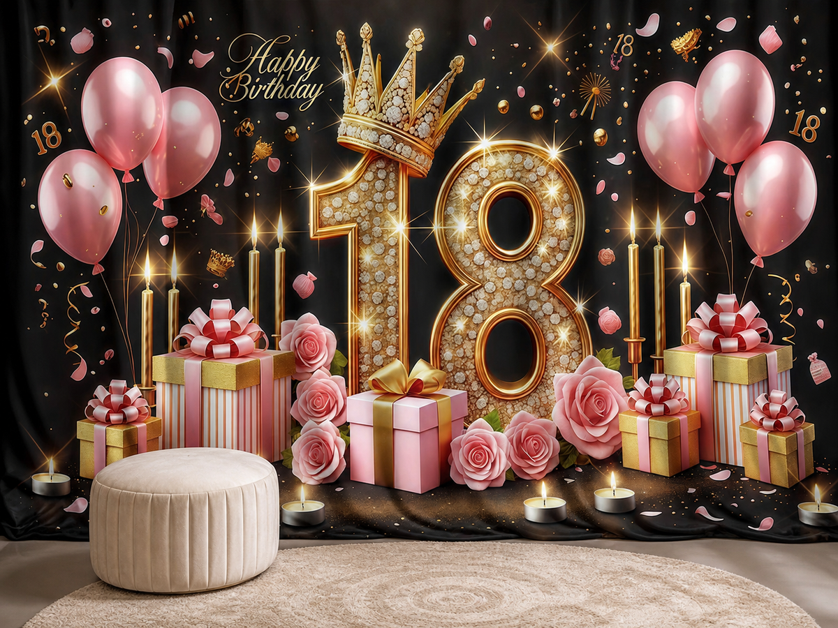 Pink gold 18th birthday crown polyester backdrop in portrait setting