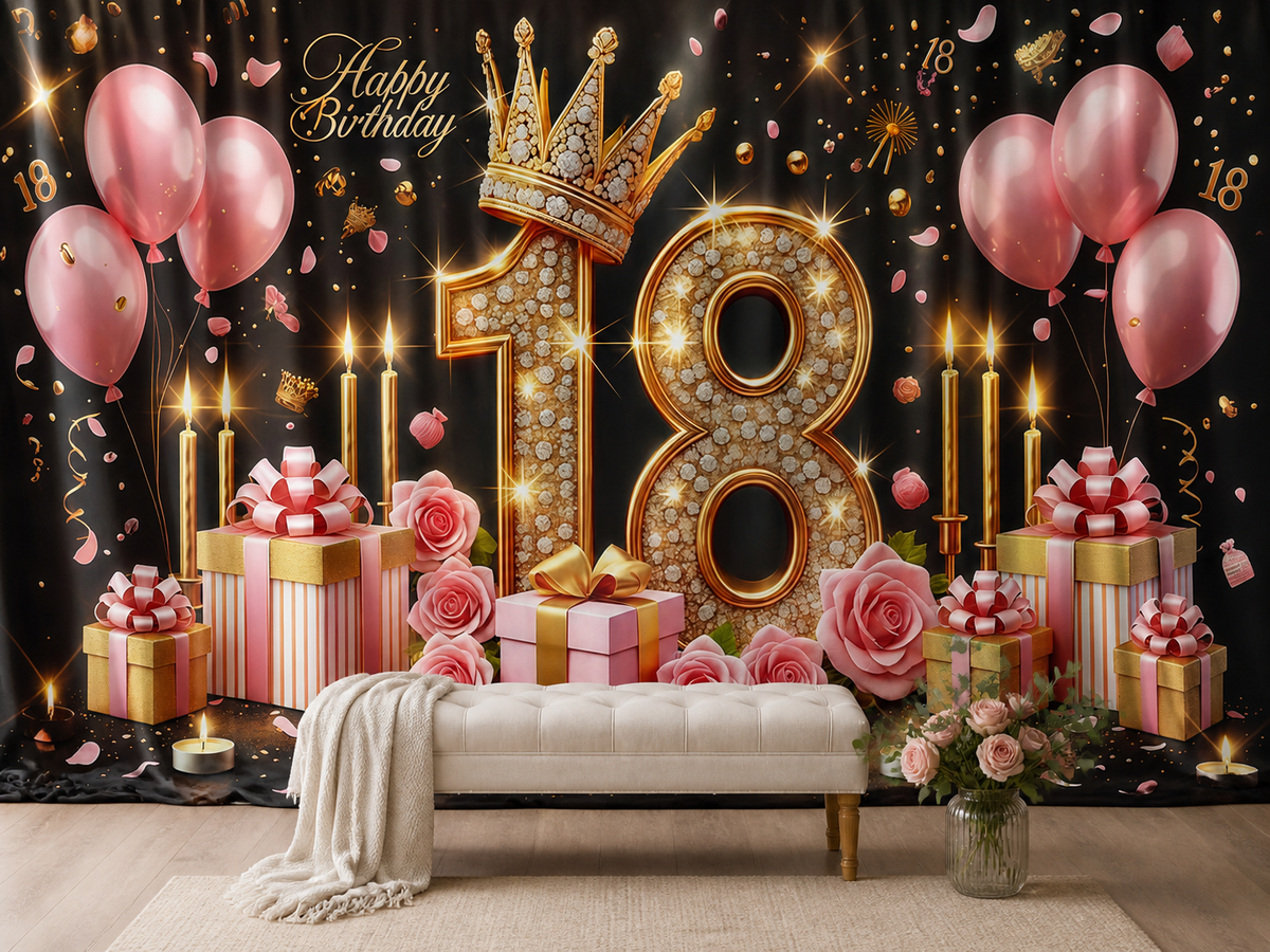 Pink gold 18th birthday crown polyester backdrop in lounge setting