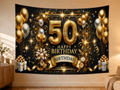 Black Gold 50 Birthday Fireworks Backdrop displayed on a lightweight polyester backdrop
