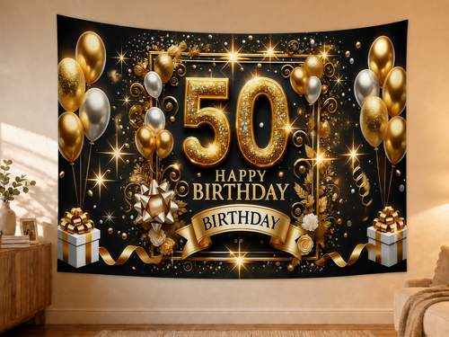 Black Gold 50 Birthday Fireworks Backdrop displayed on a lightweight polyester backdrop