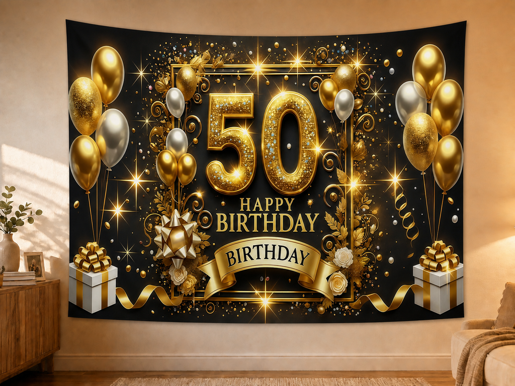 Black Gold 50 Birthday Fireworks Backdrop in a realistic home wall setting