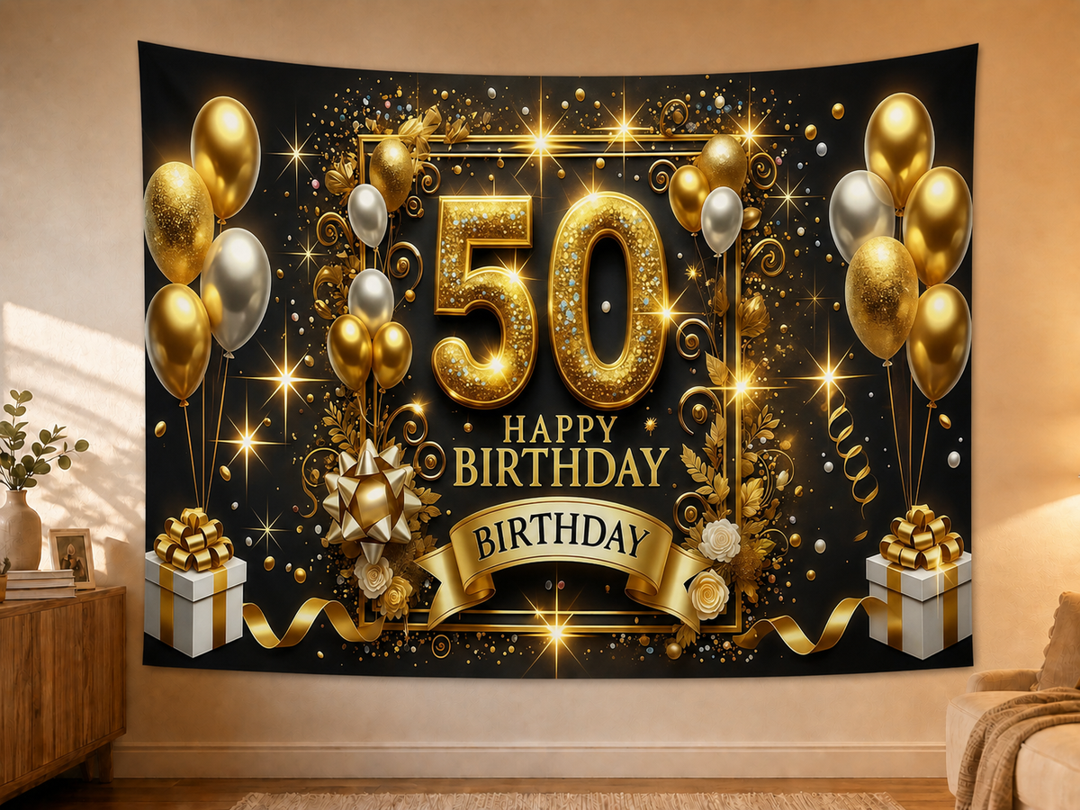 Black Gold 50 Birthday Fireworks Backdrop in a realistic home wall setting