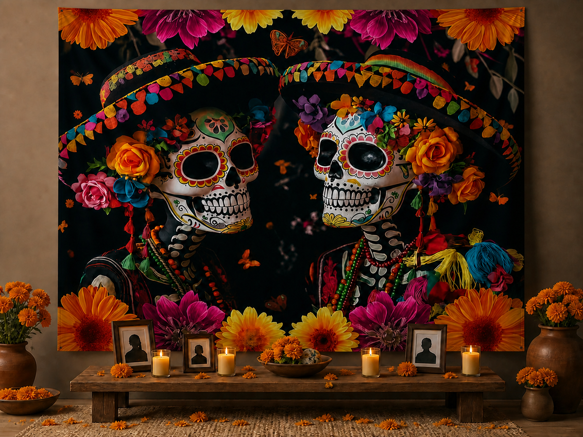 Day of the Dead sugar skull marigold backdrop ofrenda scene