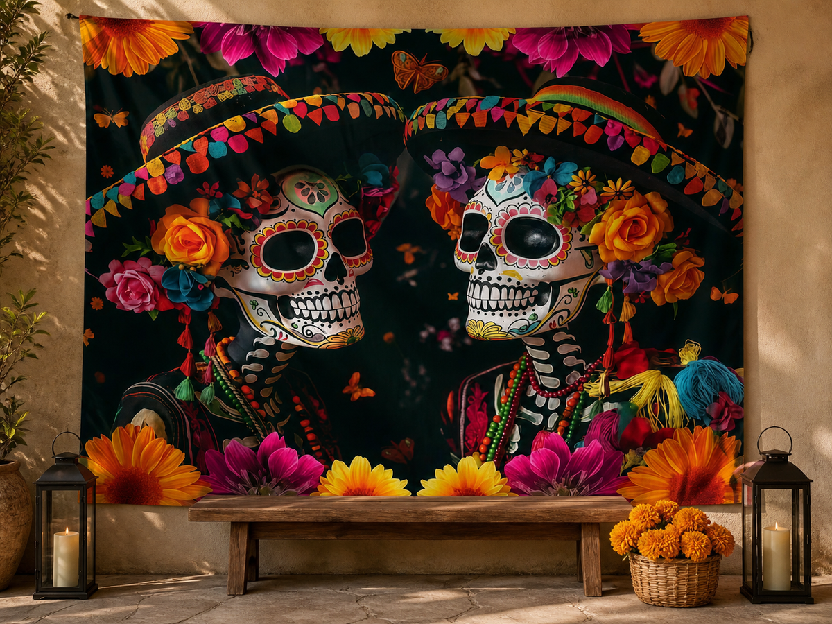 Day of the Dead sugar skull marigold backdrop cultural event scene