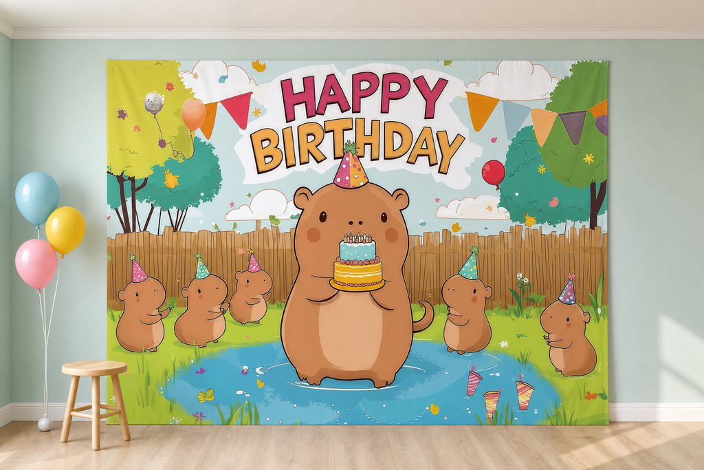 Cute Capybara Birthday Party Backdrop scene 1