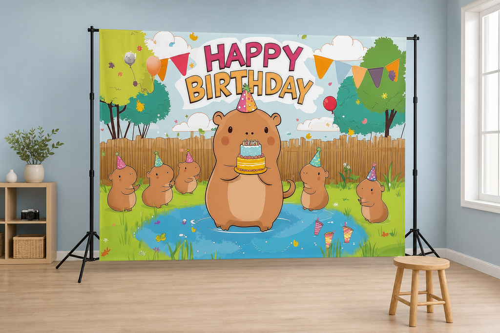 Cute Capybara Birthday Party Backdrop scene 2