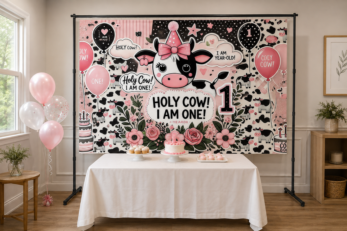 Pink Holy Cow First Birthday Backdrop lifestyle scene 1