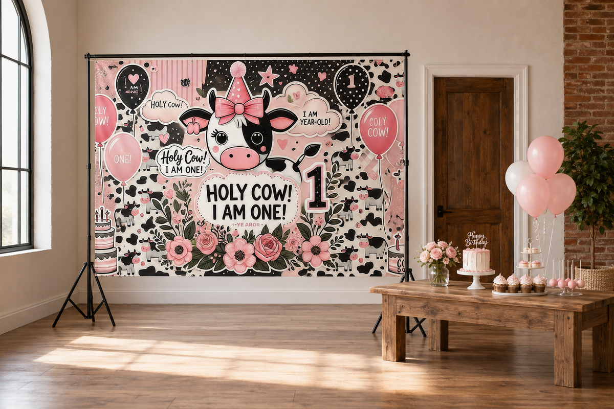 Pink Holy Cow First Birthday Backdrop lifestyle scene 2