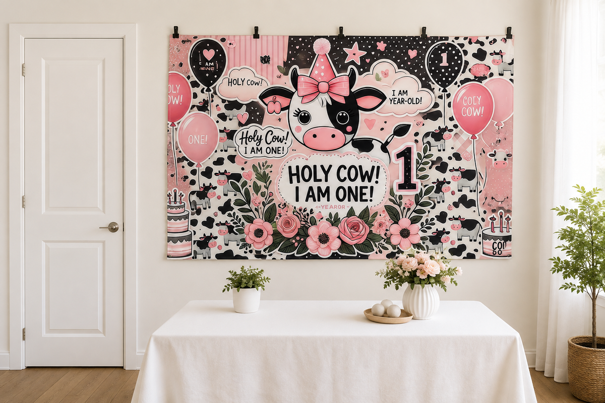 Pink Holy Cow First Birthday Backdrop clipped directly to wall