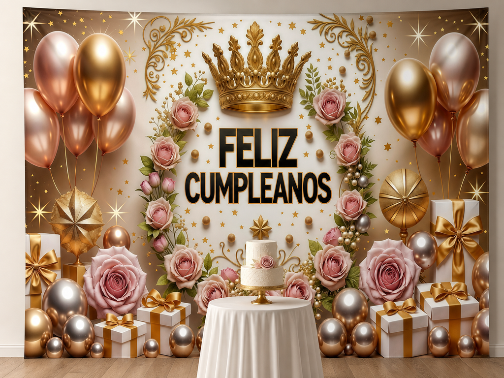 Spanish Feliz Cumpleanos crown rose birthday backdrop cake table scene