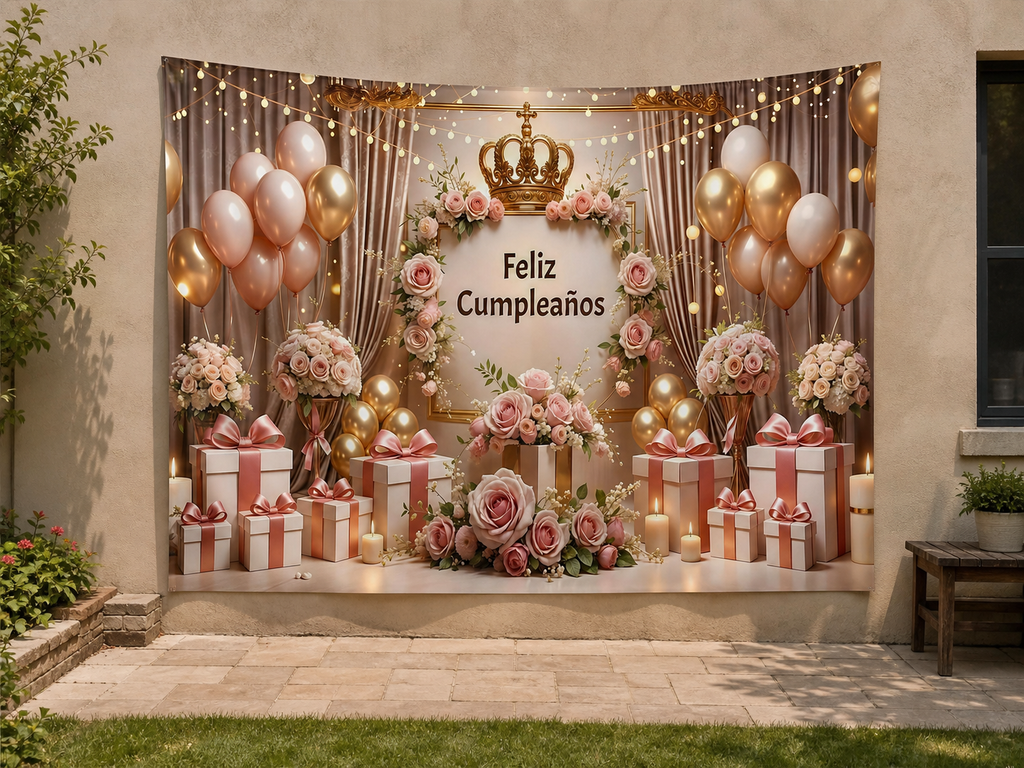 Spanish Pink Floral Birthday Backdrop garden application scene