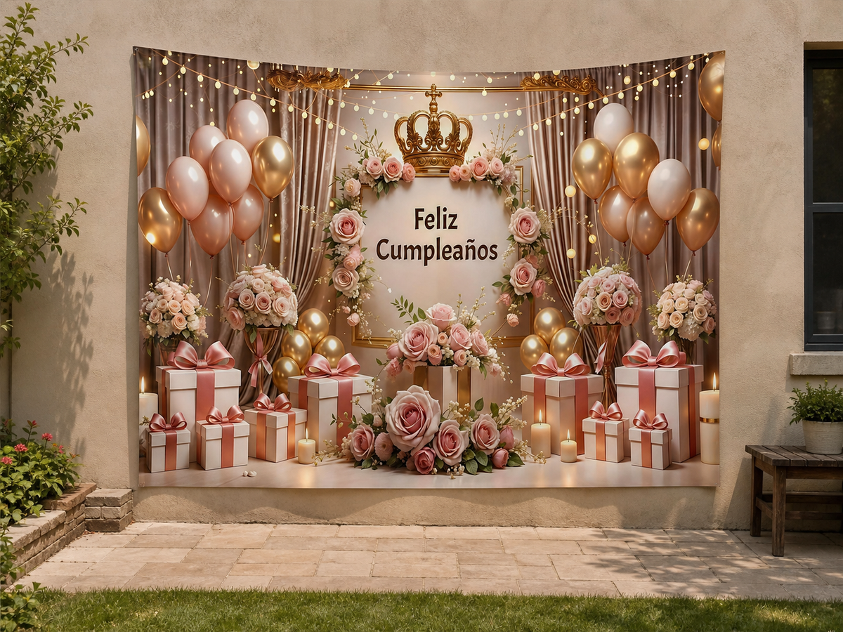 Spanish Pink Floral Birthday Backdrop garden application scene