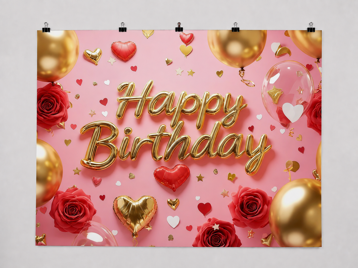 Pink Happy Birthday Roses printed polyester backdrop, shown at244 x183cm with straight-cut unhemmed edges and wall clips. Flat printed scenery; accessories not included.