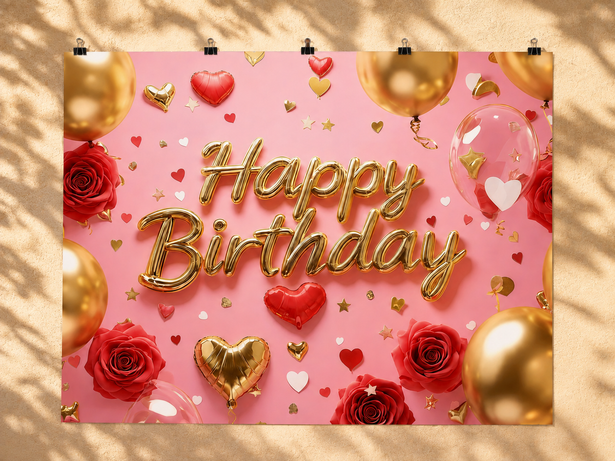Pink Happy Birthday Roses printed polyester backdrop, shown at244 x183cm with straight-cut unhemmed edges and wall clips. Flat printed scenery; accessories not included.