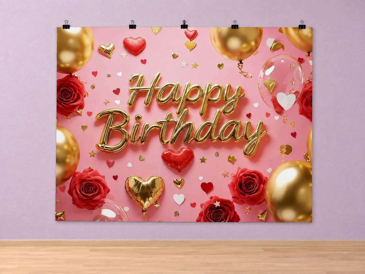 Pink Happy Birthday Roses printed polyester backdrop, shown at244 x183cm with straight-cut unhemmed edges and wall clips. Flat printed scenery; accessories not included.