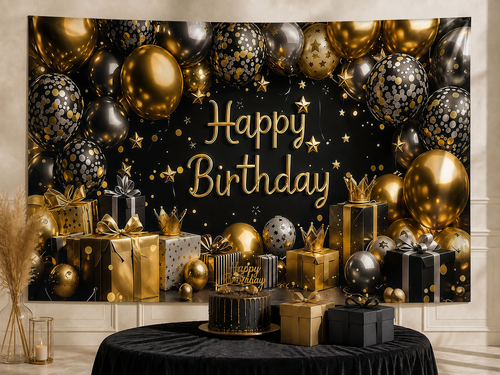 Black Gold Silver Crown Birthday Backdrop cake-table display