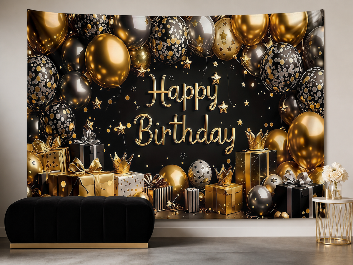 Black Gold Silver Crown Birthday Backdrop portrait lounge