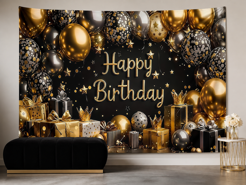 Black Gold Silver Crown Birthday Backdrop portrait lounge