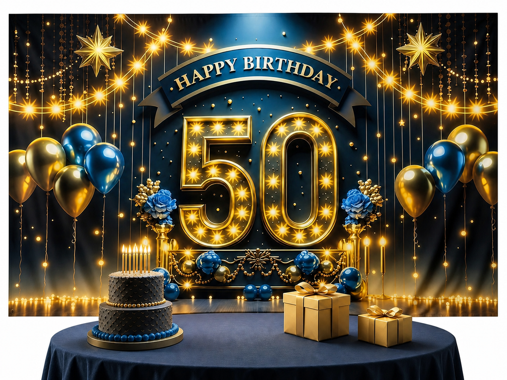 Golden 50th Birthday Cake Balloon Backdrop cake-table display