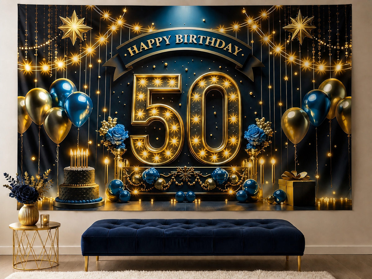 Golden 50th Birthday Cake Balloon Backdrop portrait lounge