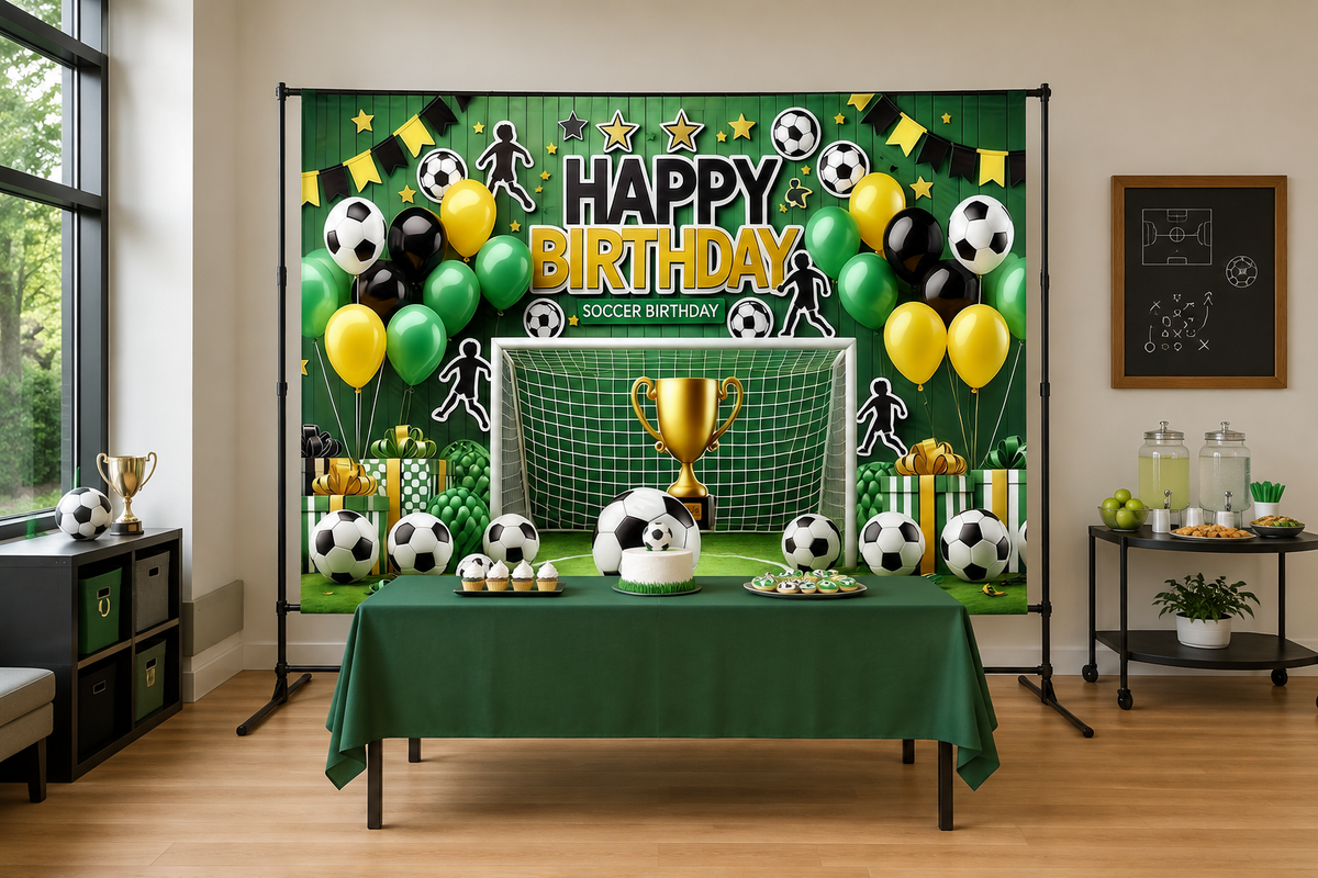 Green Soccer Birthday Backdrop in event studio