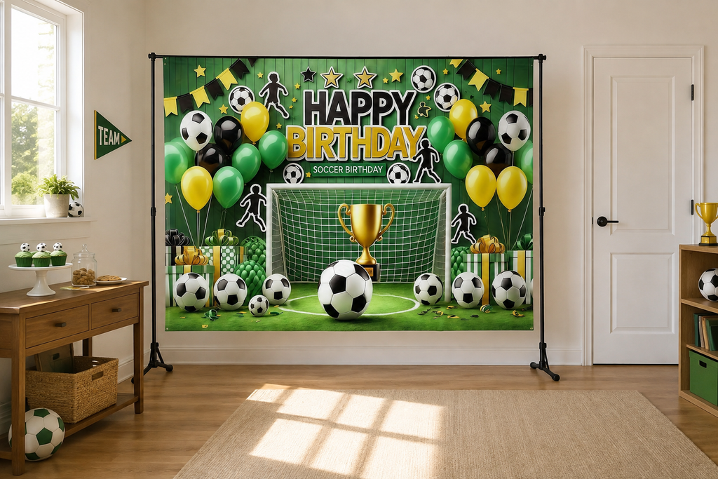 Green Soccer Birthday Backdrop in alternate room setting