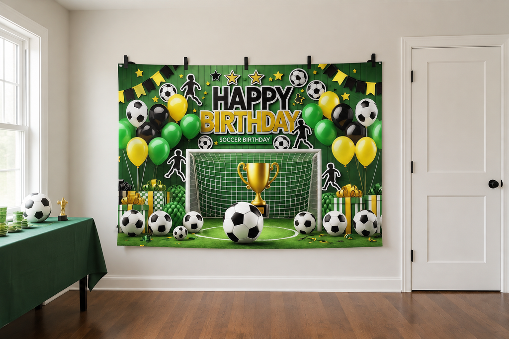 Green Soccer Birthday Backdrop clipped directly to wall