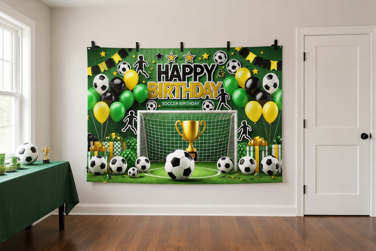 Green Soccer Birthday Backdrop clipped directly to wall
