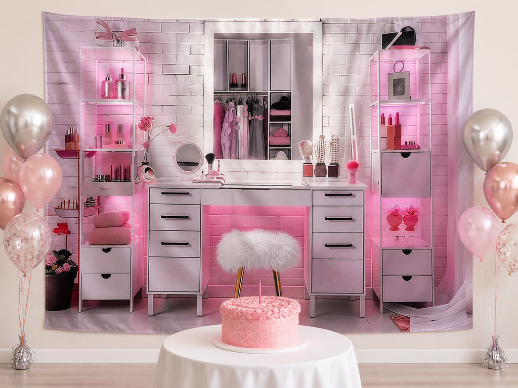 Glamorous Makeup Vanity Birthday Backdrop beauty birthday display