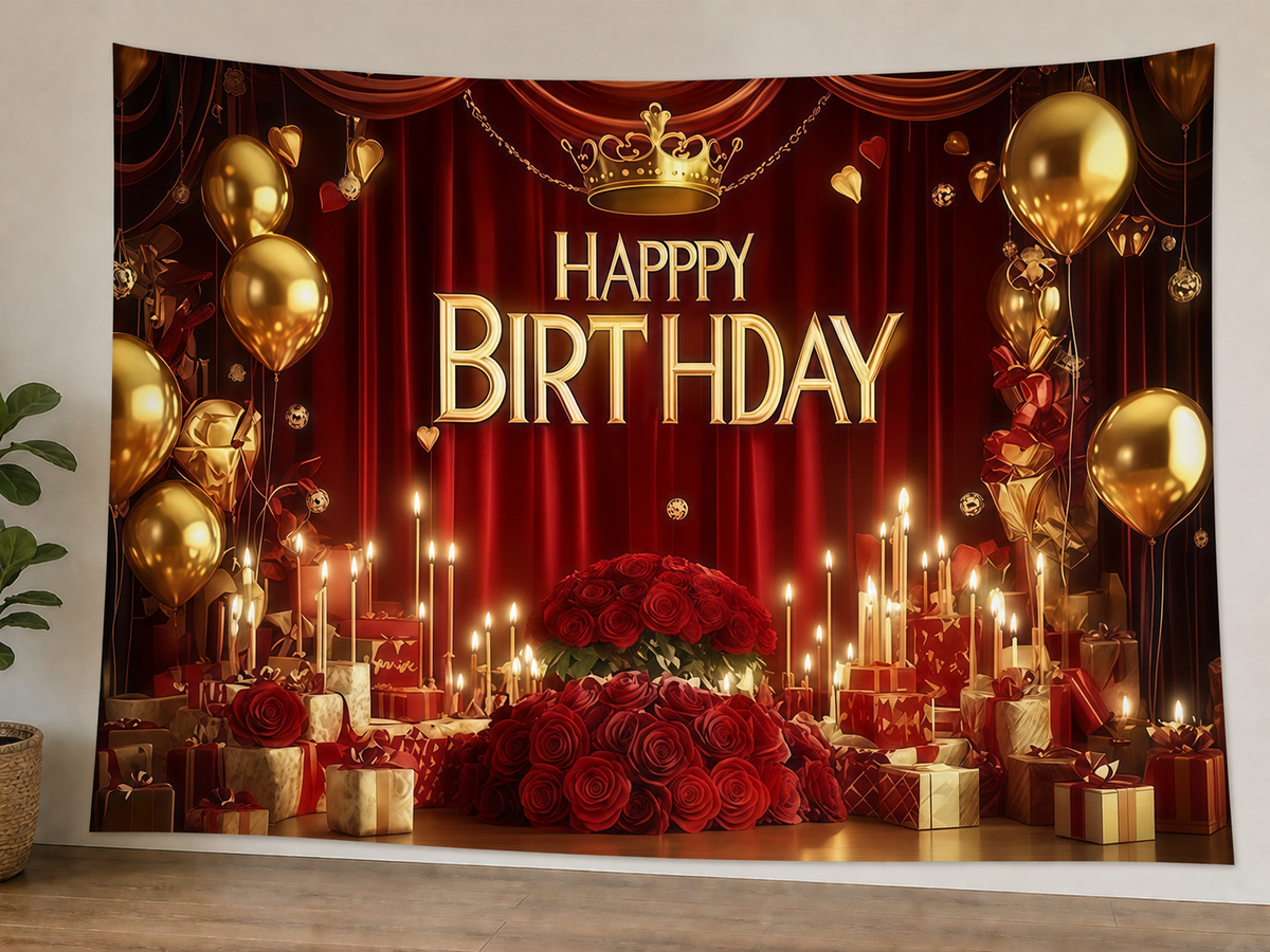 Red and Gold First Birthday Backdrop styled scene 1