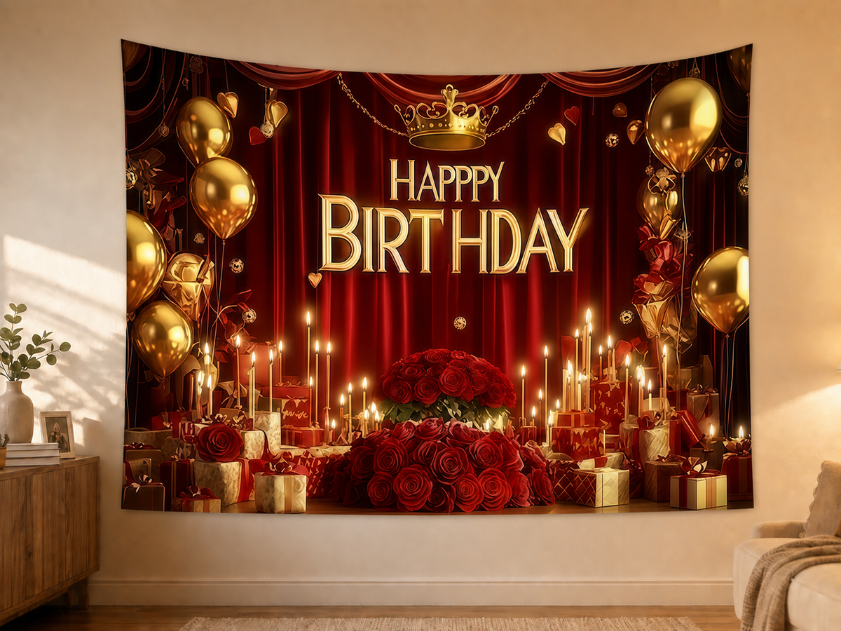 Red and Gold First Birthday Backdrop styled scene 2