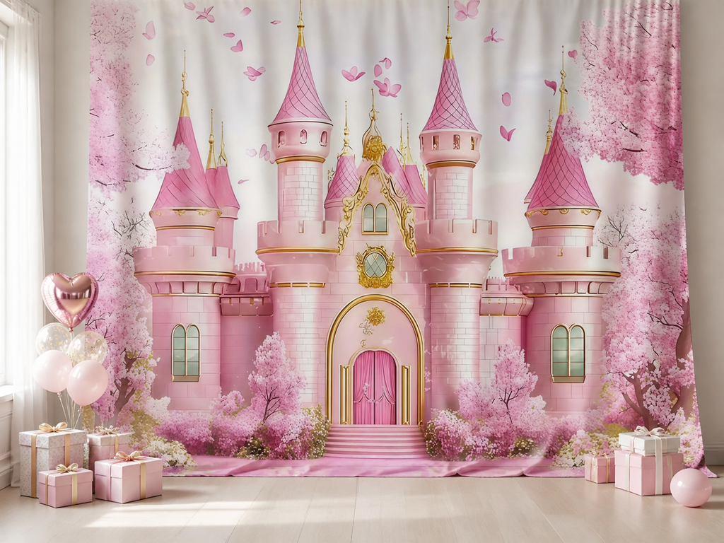Pink Princess Castle Cherry Blossom fabric photography backdrop scene 1